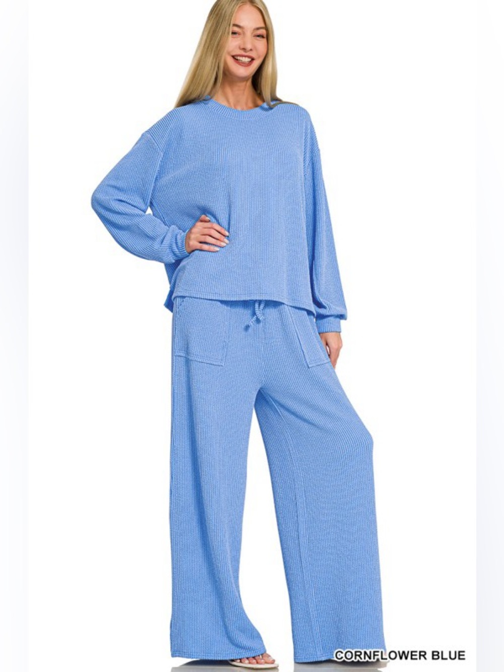 NWT Zenana 2pc Cornflower Blue Raised Rib Round Neck Pullover & Pants Set